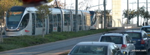 A tram passes by