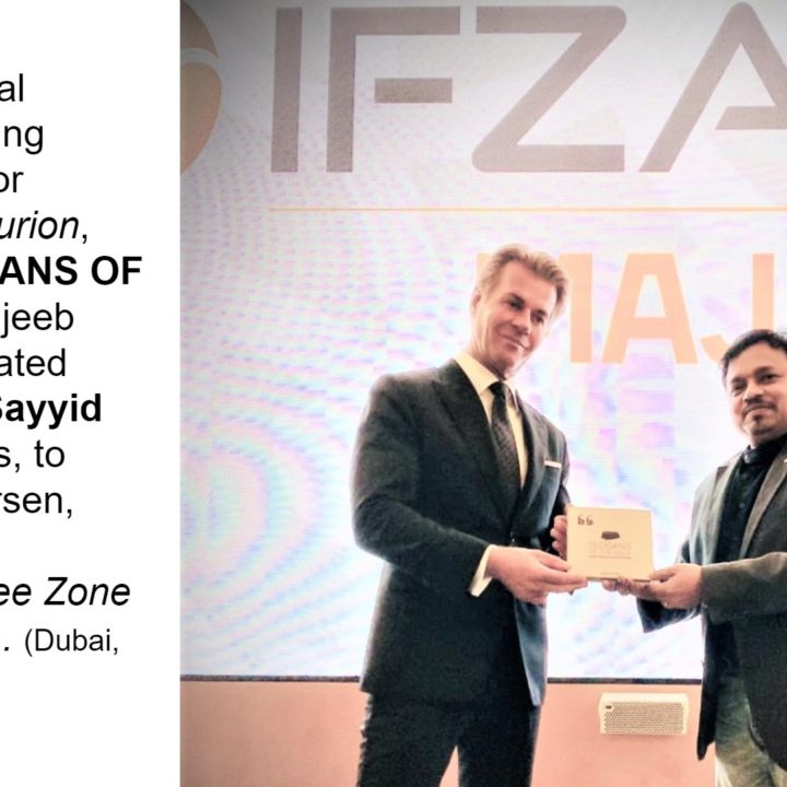 Syam Panayickal Prabhu, Managing Director & Senior Consultant of Aurion, presents SLOGANS OF THE SAGE, Mujeeb Jaihoon’s illustrated compilation of Sayyid Shihab’s quotes, to Chairman of International Free Zone Authority (IFZA), Martin G. Pedersen.